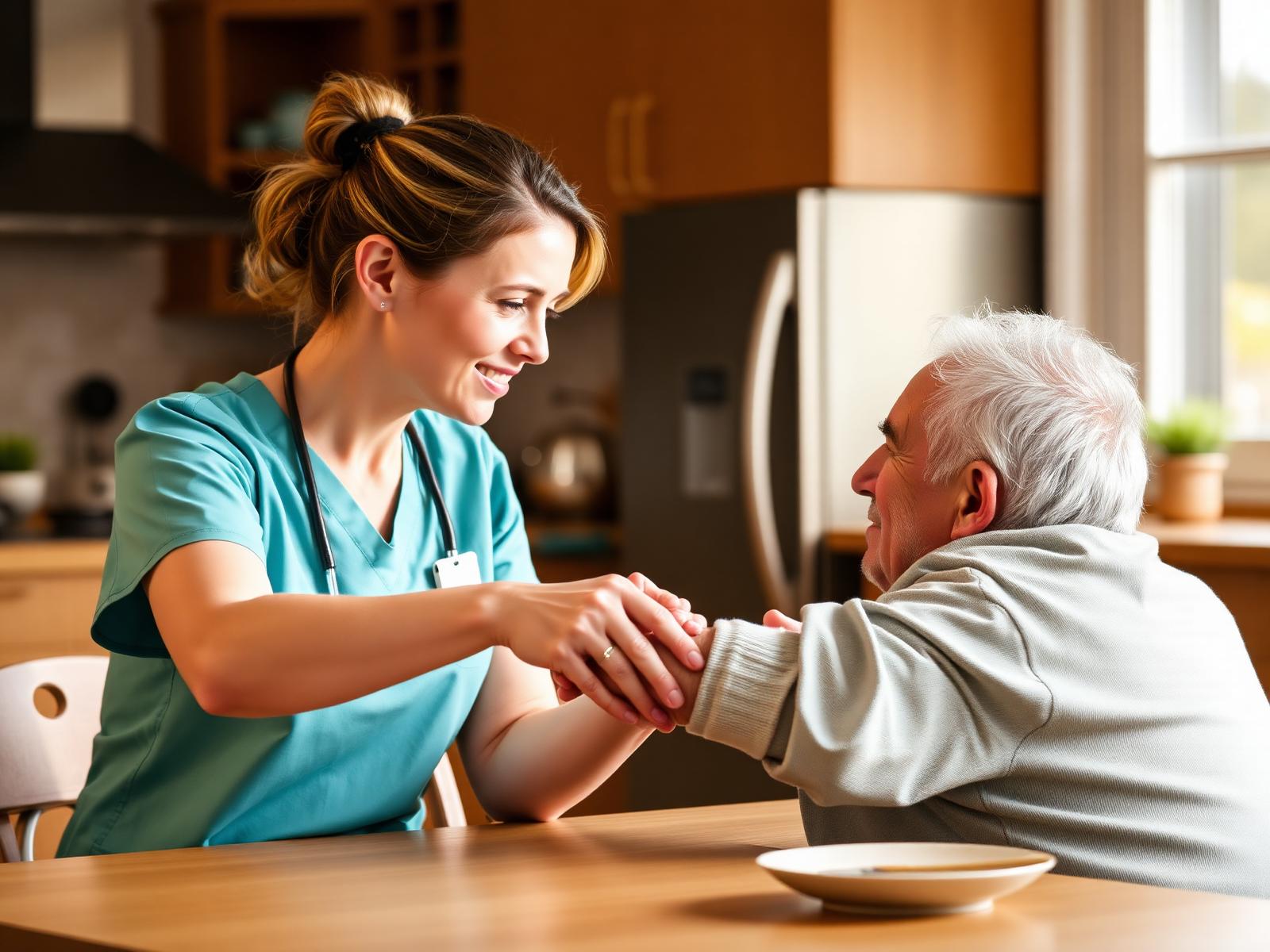 Professional caregiver holding hands with an elderly man at a kitchen table