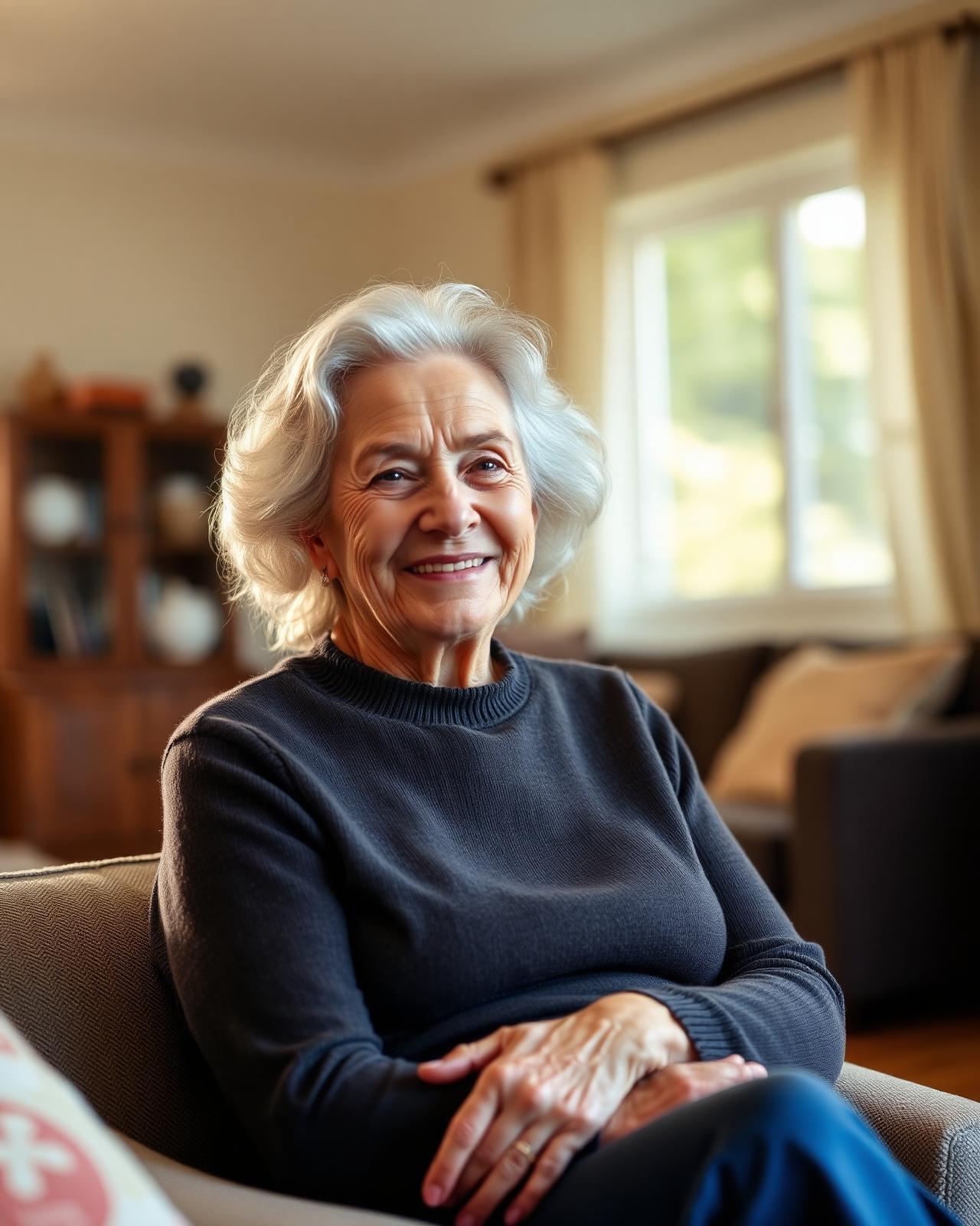 Smiling elderly woman in a sunlit living room